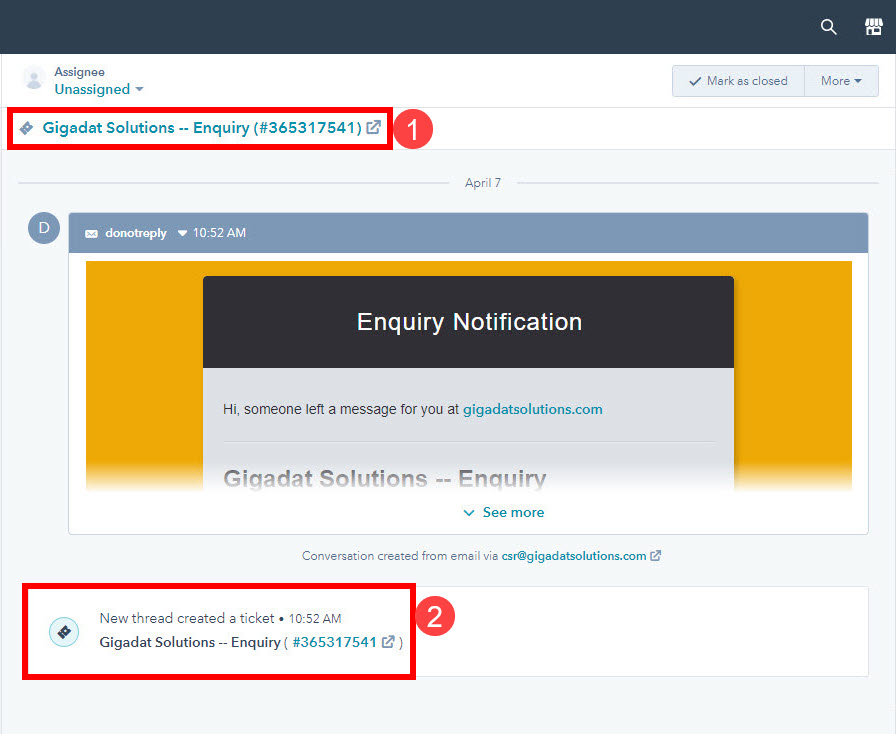 Hubspot Inbox Ticket Number And Links