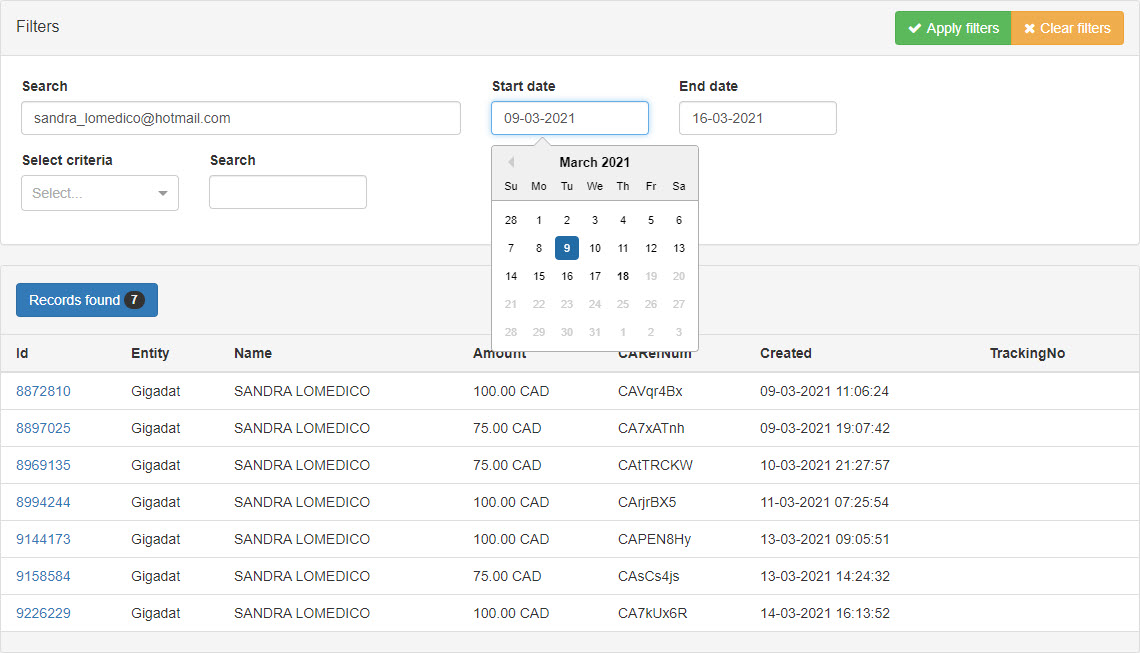 Portal Deposit Search Email Start Date Selection