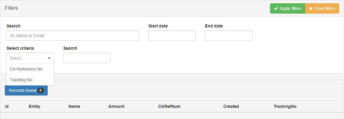 Portal Deposit Search Select Criteria