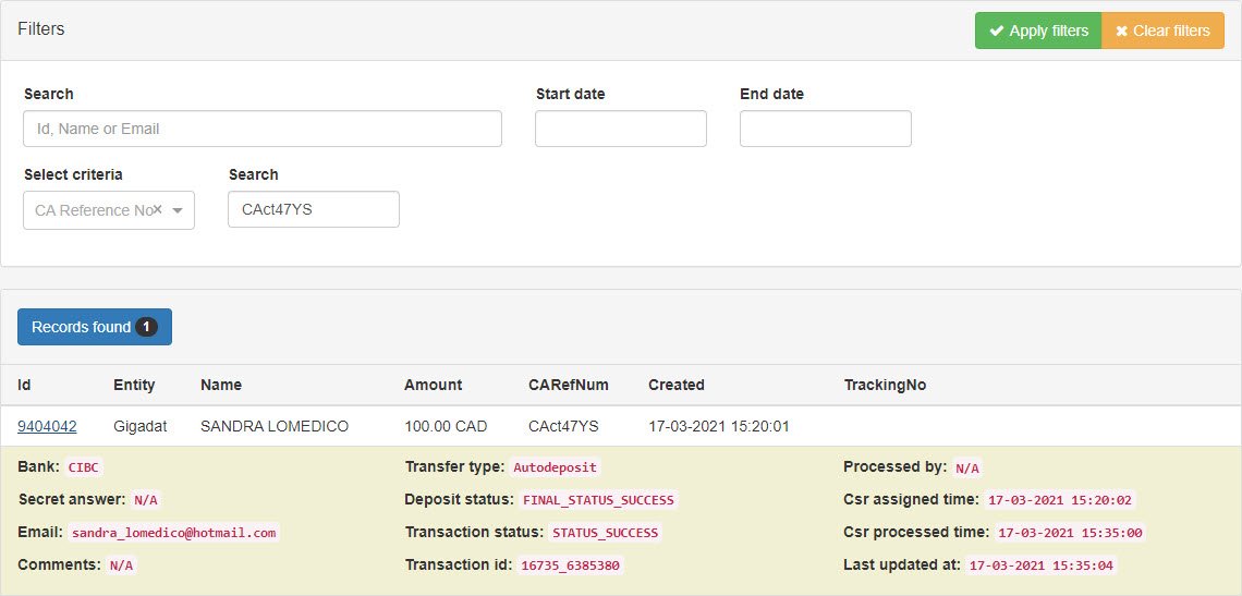 Portal Deposit Search Select Criteria CA Reference Autodeposit Success