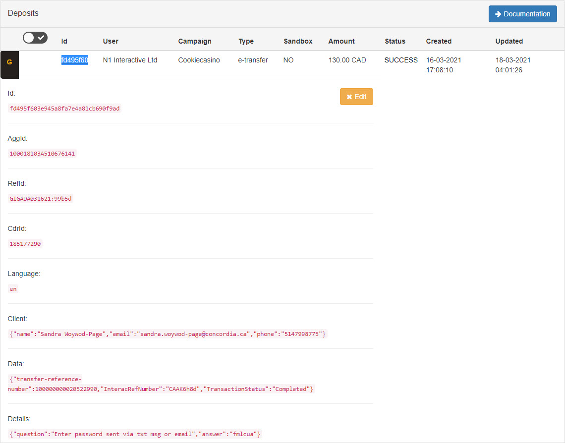 Portal Withdrawal Withdrawal Etransfer Data