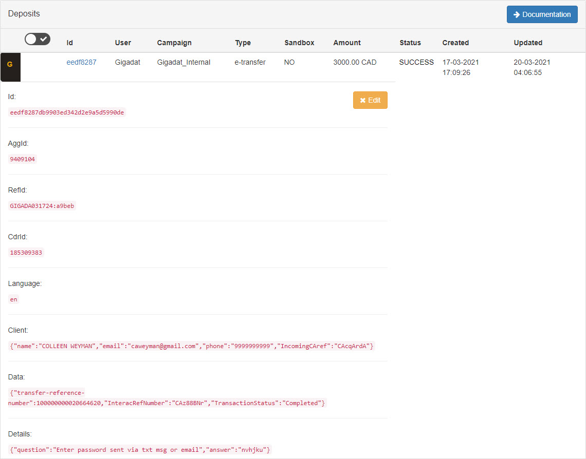 Portal Withdrawal Return Etransfer Data